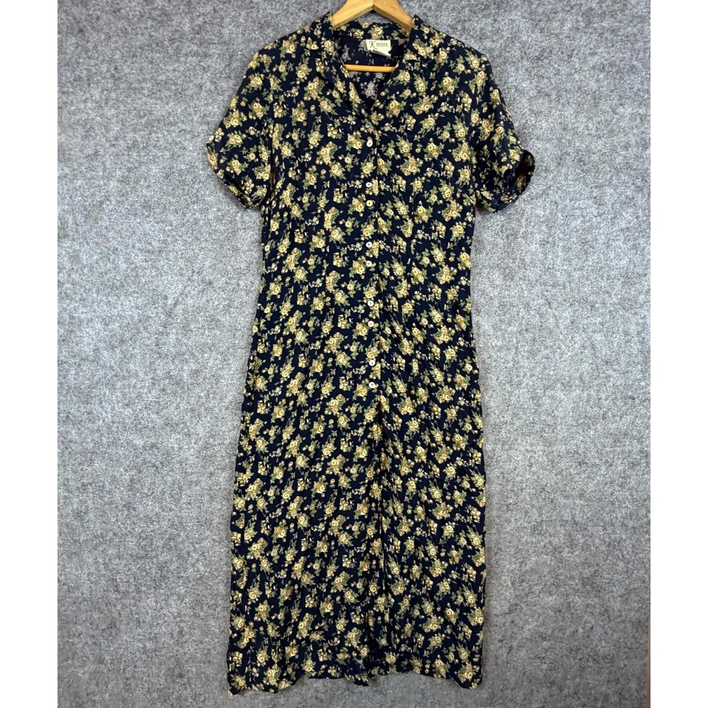 Vintage K Petite Shirt Dress Women 6 Blue Yellow Dark Floral Button Up Tie Back